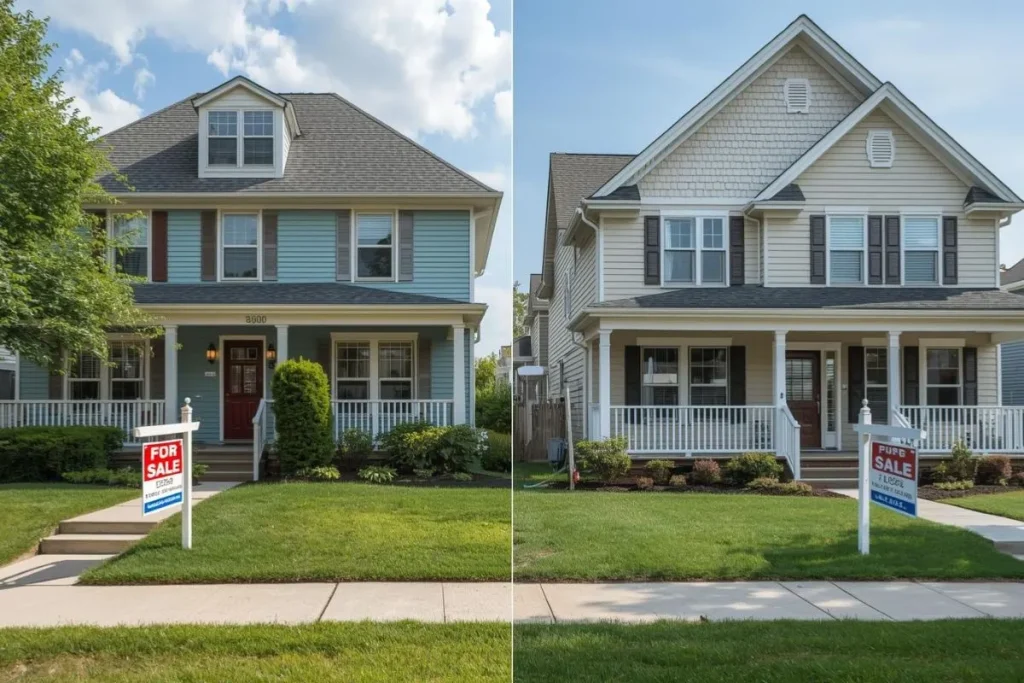 Same type of house shown in two different neighborhoods with different home prices